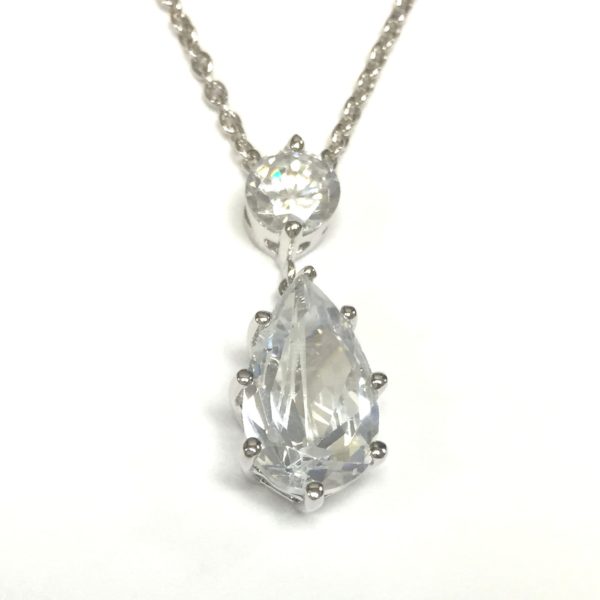 Sterling Silver Round Pear CZ Drop Pendant with 18 inch chain.