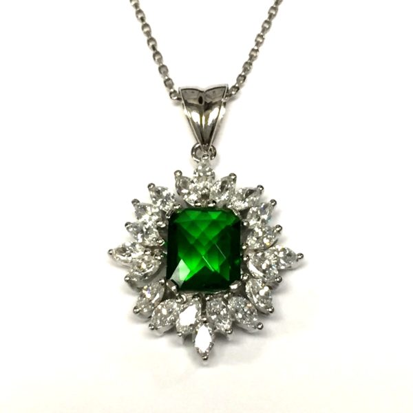 Sterling Silver Simulated Emerald and Diamond Necklace