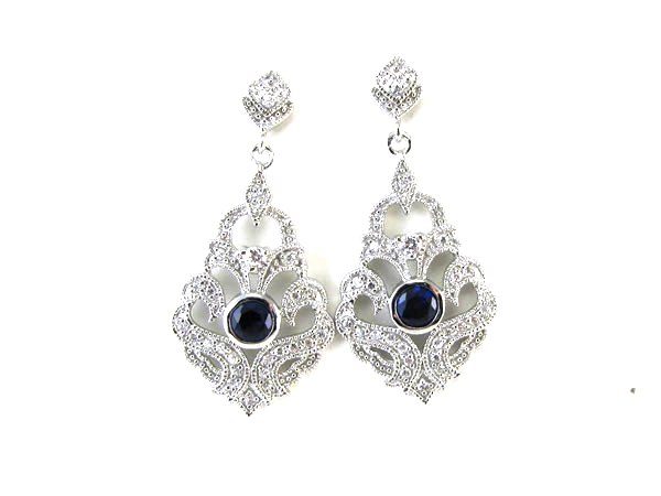 Sterling Silver Simulated Sapphire Ornate Chandler Earrings