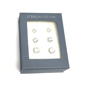 Sterling Silver Rhodium Plated CZ Stud 3-Pair Earring Set