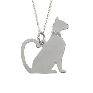 An Elegant Sitting Cat Sterling Silver Rhodium Plate Pendant with Glitter Collar