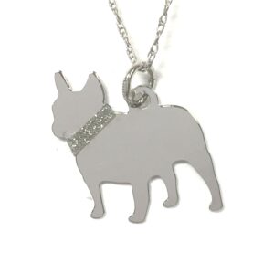 French Bull Dog Sterling Silver Rhodium Plate Pendant with Glitter Collar