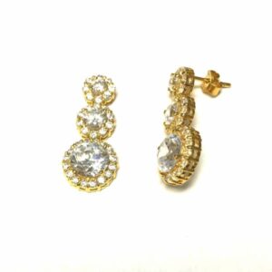 Sterling Silver Gold Plated Graduated 3 Drop Round Created Diamond Designer Earrings