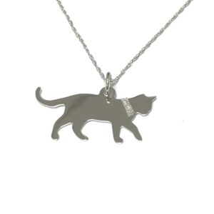 An Elegant Strolling Sterling Silver Rhodium Plate Cat Pendant with Glitter Collar