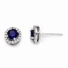 Sterling Silver Rhodium Plated Stud Round Blue CZ Earrings with Clear CZ Around