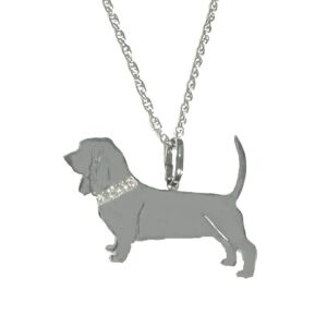 Basset Hound Glitter Collar Sterling Silver Rhodium Plate Dog Pendant