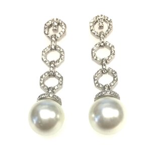Sterling Silver Rhodium Plated Round Circle CZ Drop Designer Earring with Faux Pearl