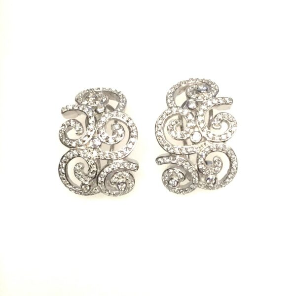 Sterling Silver Rhodium Plated Scroll CZ Designer Earrings