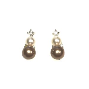 Sterling Silver Rhodium Plated Cream, Brown Pearl with Round CZ's