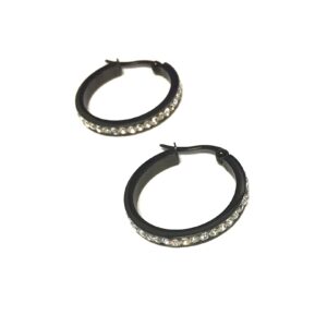 Round 1.0 inch Stainless Steel Black Hoop Earrings Swaroski Crystals Channel Set